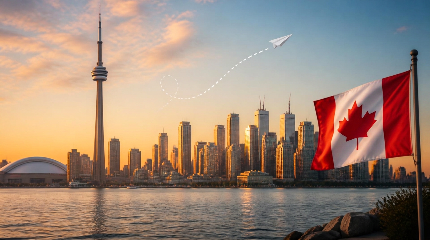 Horizonte de Toronto con avión de papel simbolizando el viaje a Canadá