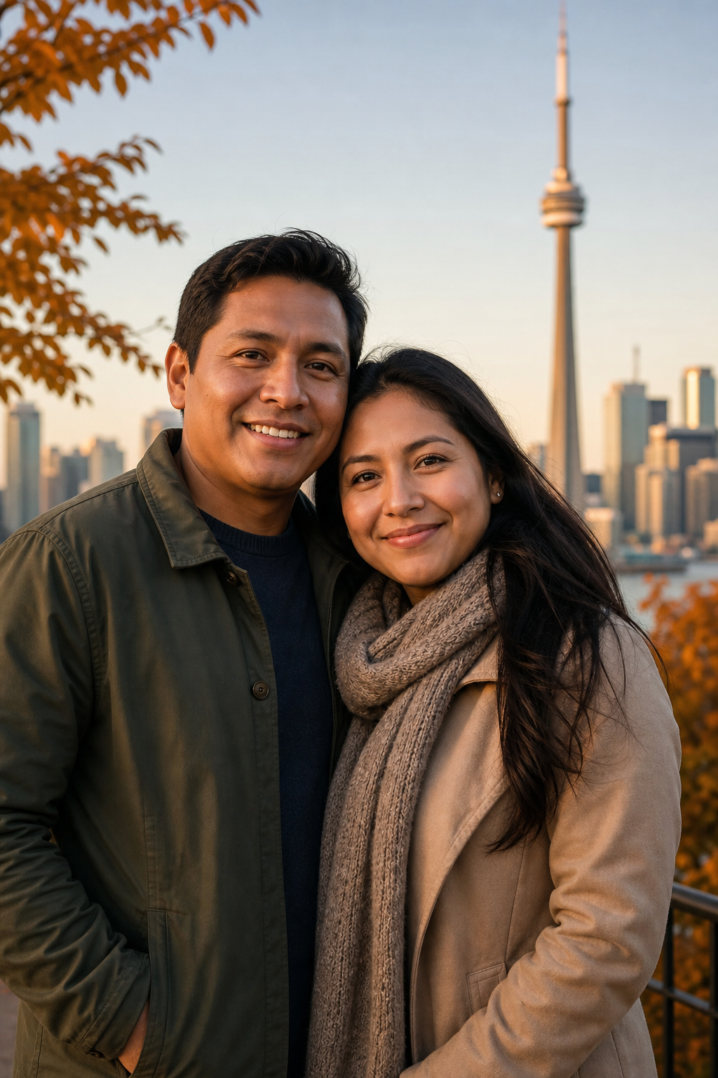 Pareja sonriente en Toronto con la CN Tower al fondo, simbolizando una nueva vida en Canadá
